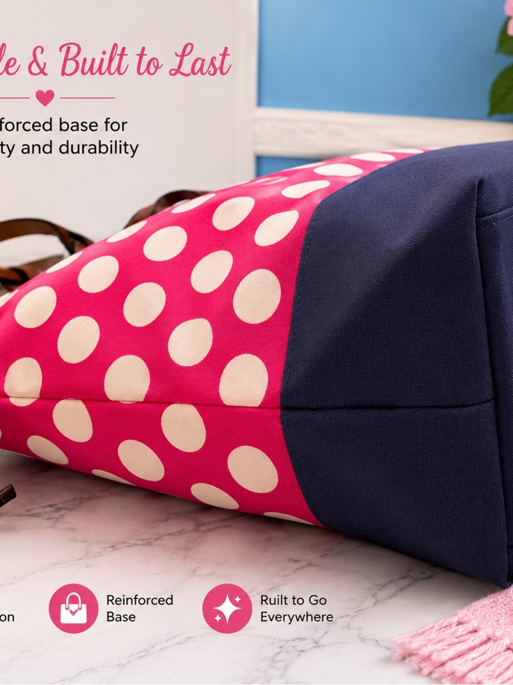 Dooney & Bourke Pink Polka Dot, & Blue Tote with Brown Handles (Rock The Dots) - Picture 3 of 7